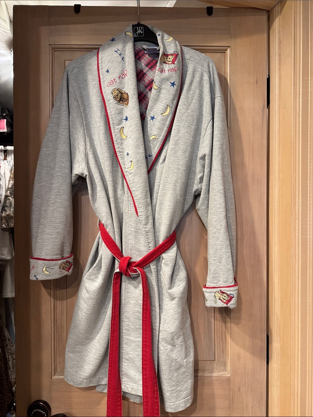 Pillow Talk Gray Robe with Cats 🐈 Red Trim and Moon Embroidery